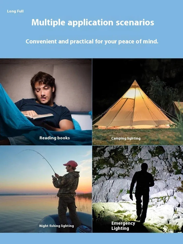 Solar rechargeable LED emergency tent light in plastic housing, blue colour variant