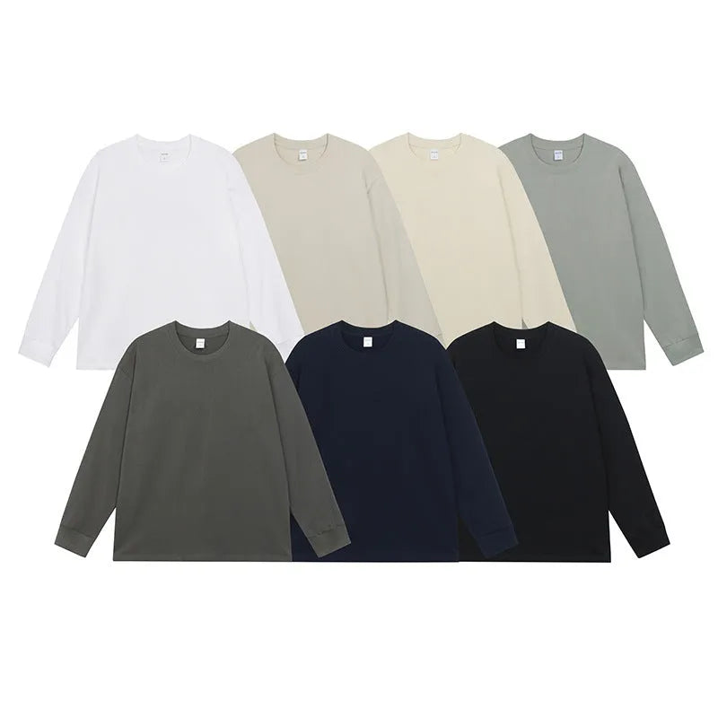 Men's pure cotton long sleeved T-shirt in solid colour, loose fit pullover style.