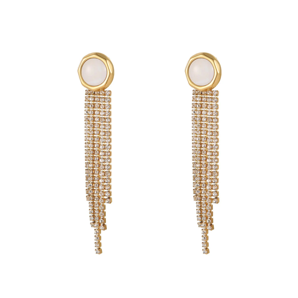 Diamond tassel stainless steel earrings with electroplated 18K gold finish in heart and star shapes