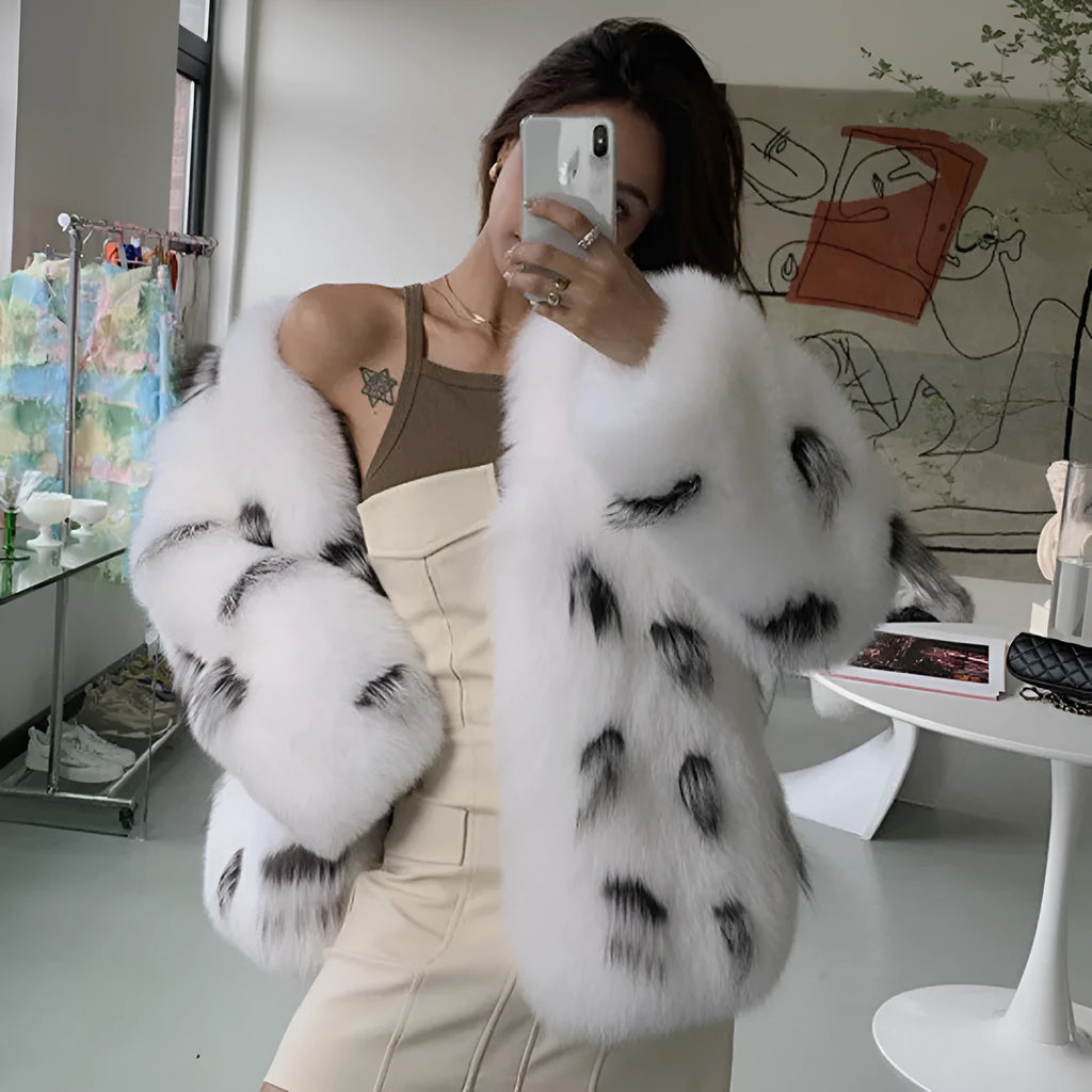Women's black and white faux fur raccoon coat with Korean slim fit and regular sleeves
