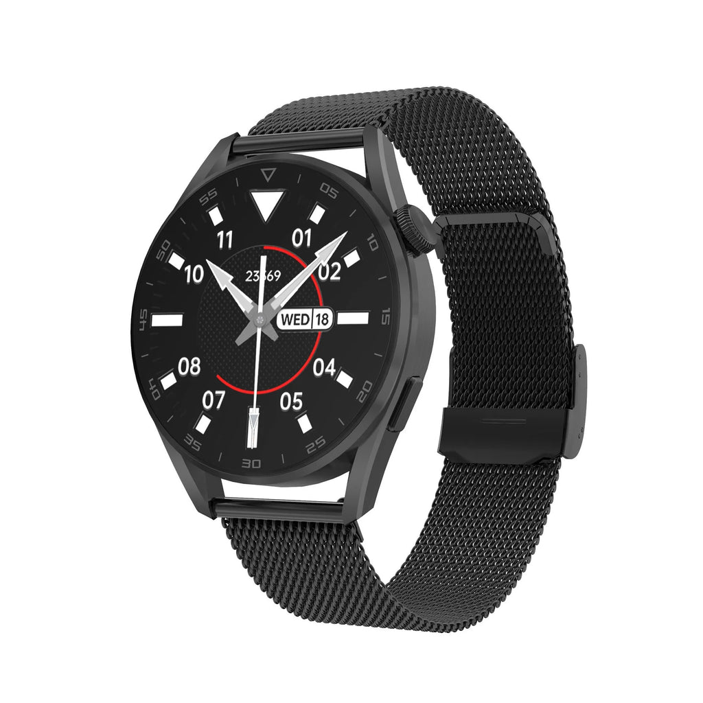 Black smartwatch with metal case and leather strap showing a call screen on its 1.3-inch display