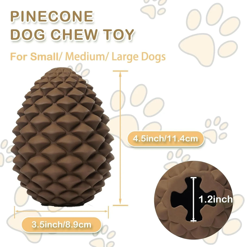 Yellow pine cone shaped dog chew toy with textured surface and treat dispensing hole