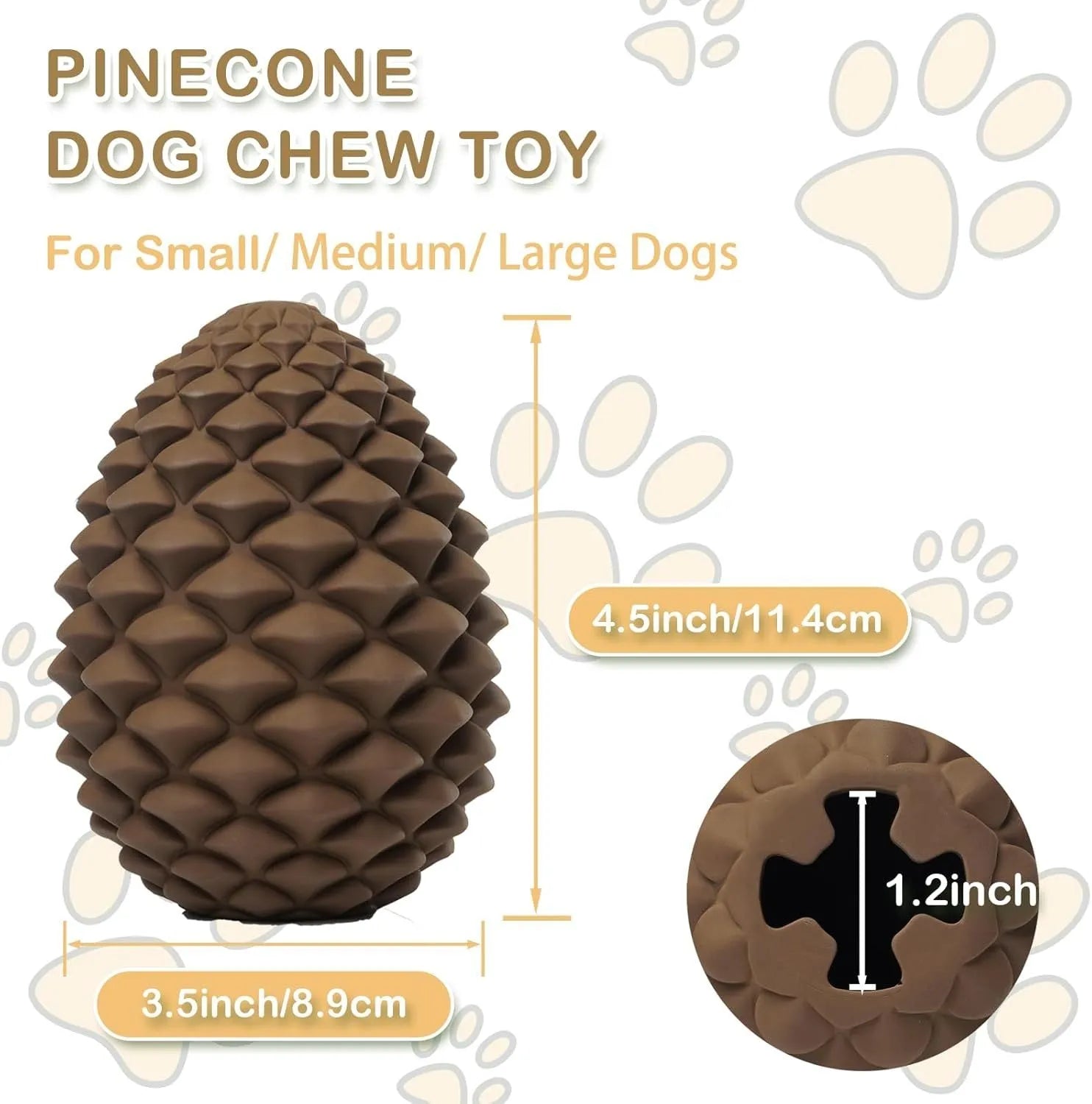 Yellow pine cone shaped dog chew toy with textured surface and treat dispensing hole