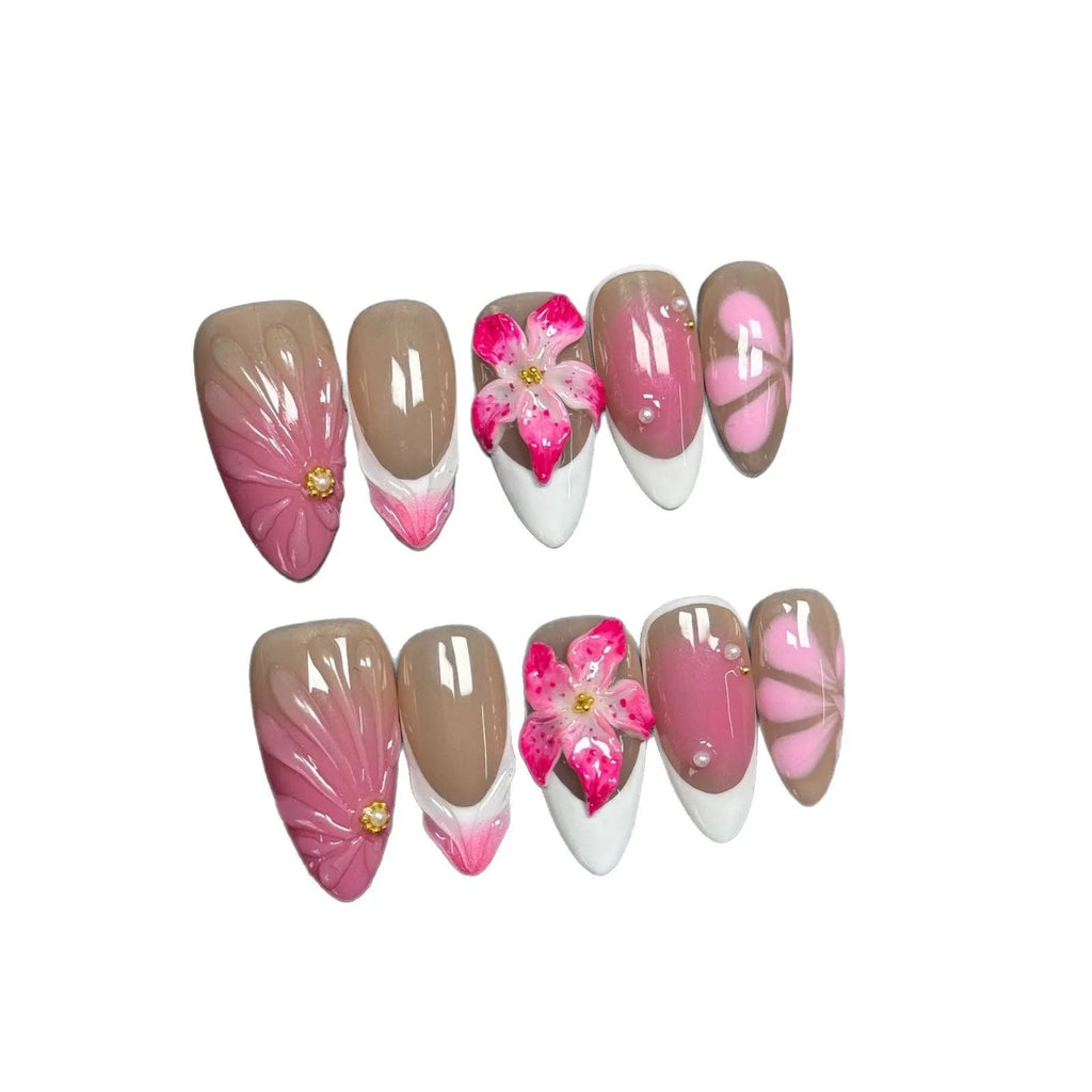 French style artificial nails with 3D lily and ice flower design on almond-shaped plastic tips.