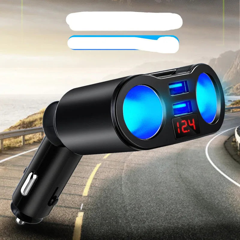 Black car Bluetooth FM transmitter plugged into a vehicle cigarette lighter socket for wireless audio streaming.