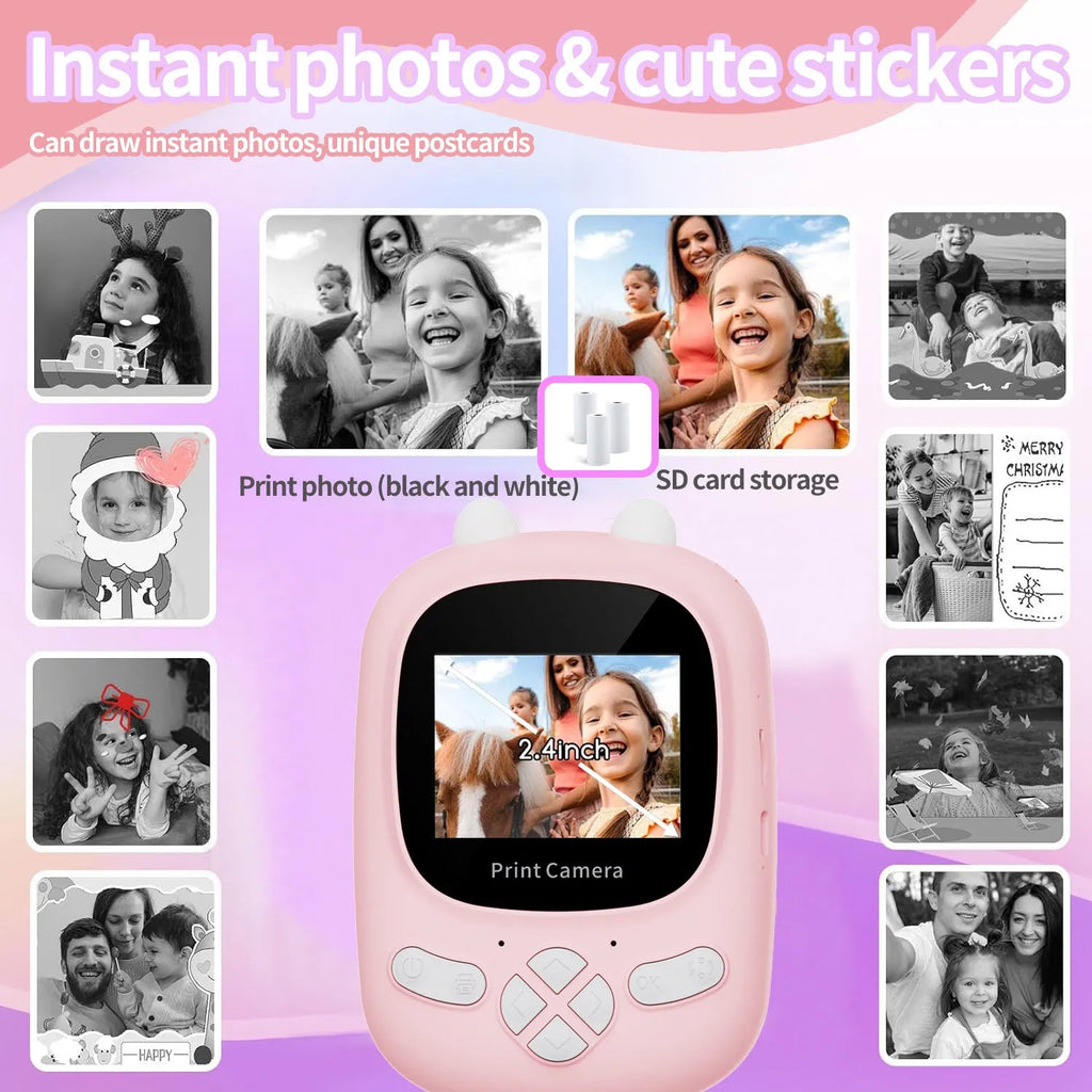 Q2 children's polaroid portable HD video digital camera in green with lanyard and stickers on white background