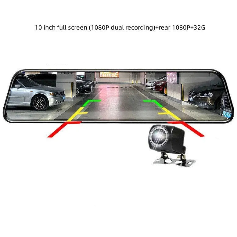 10-inch full screen dash cam with front and rear dual lens recording in 1080p, touch operation, and parking surveillance features.