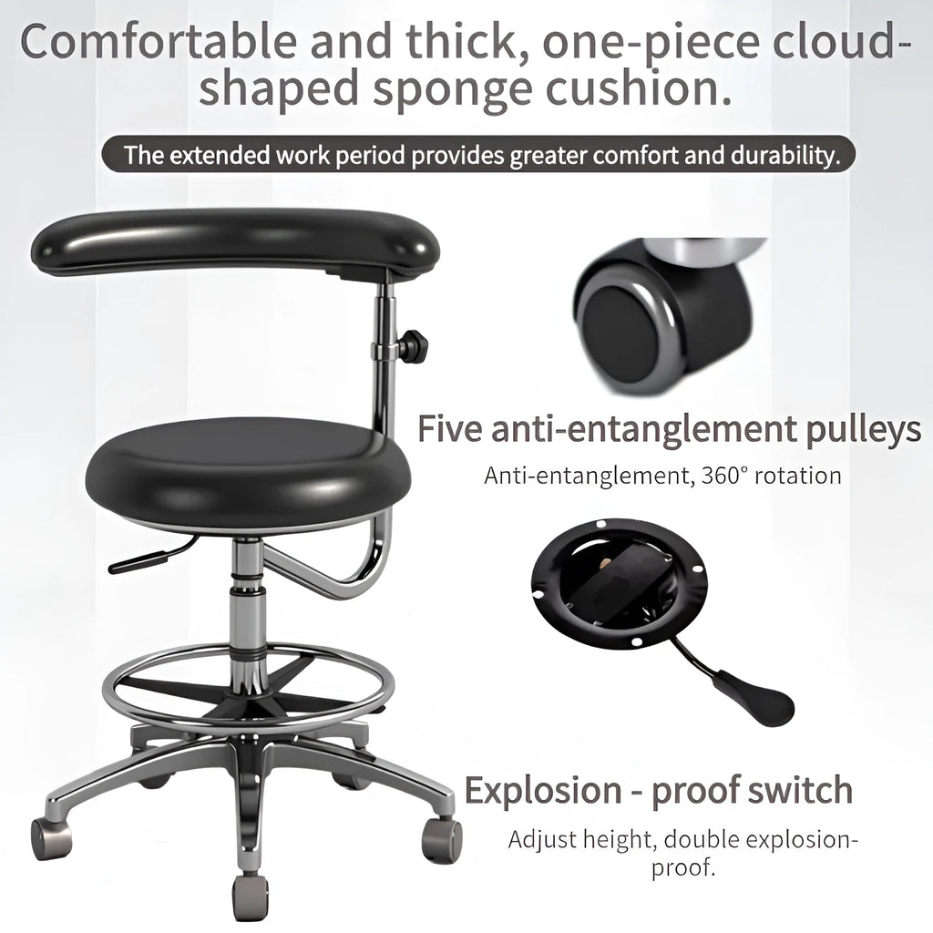 Black leather dental hospital chair with lift mechanism for dentist and nurse seating