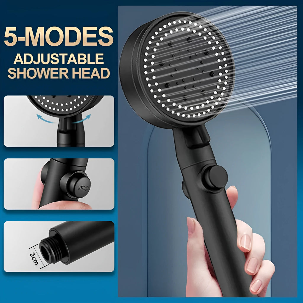 ABS pressurised 5-speed handheld shower head with large water output, 1.5m encrypted hose, in black finish