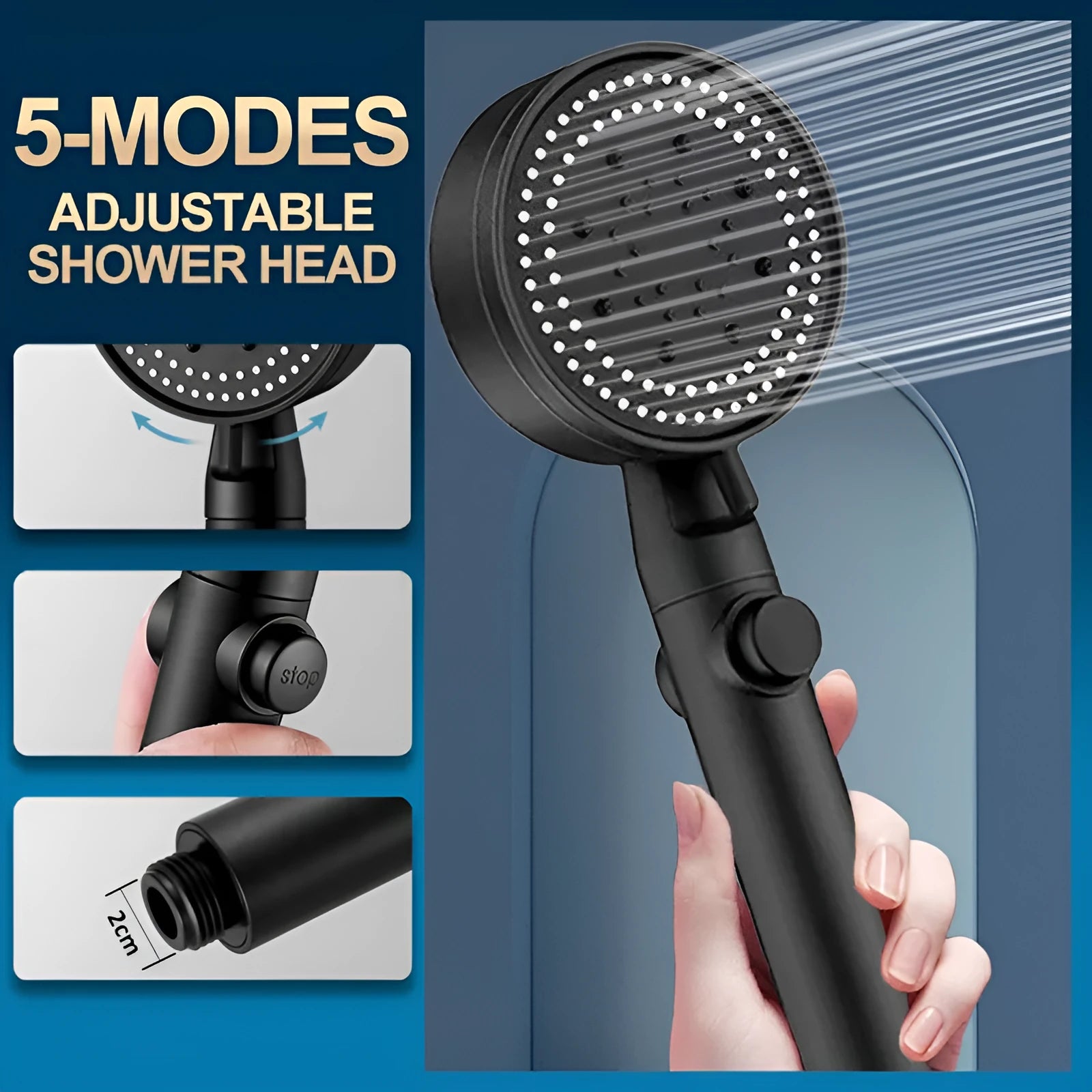 ABS pressurised 5-speed handheld shower head with large water output, 1.5m encrypted hose, in black finish