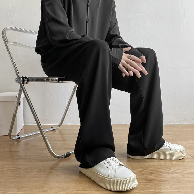 Men's loose straight casual trousers in solid colour, white black light gray polyester fabric