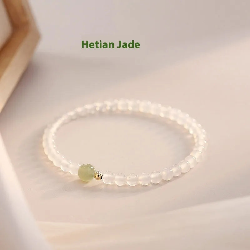 Natural white agate women's bracelet 15cm New Chinese style handcrafted white stone jewellery