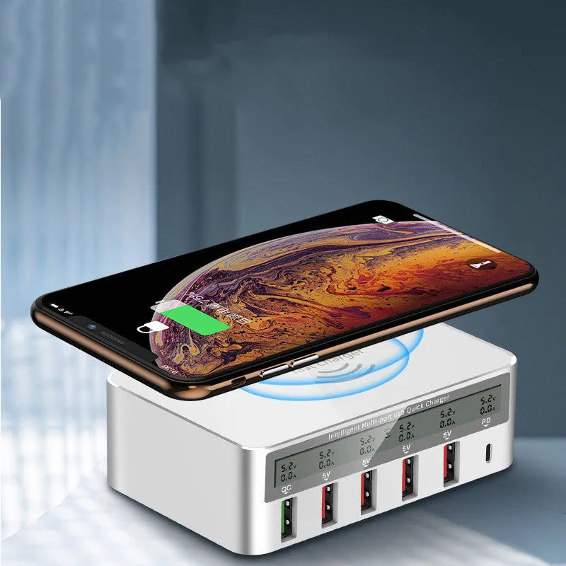 QC30 50W desktop USB charger with six ports, Type-C fast charge, and wireless charging pad, UK plug