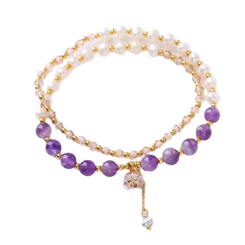 Natural freshwater pearl double ring bracelet with crystal beads in amethyst colour option
