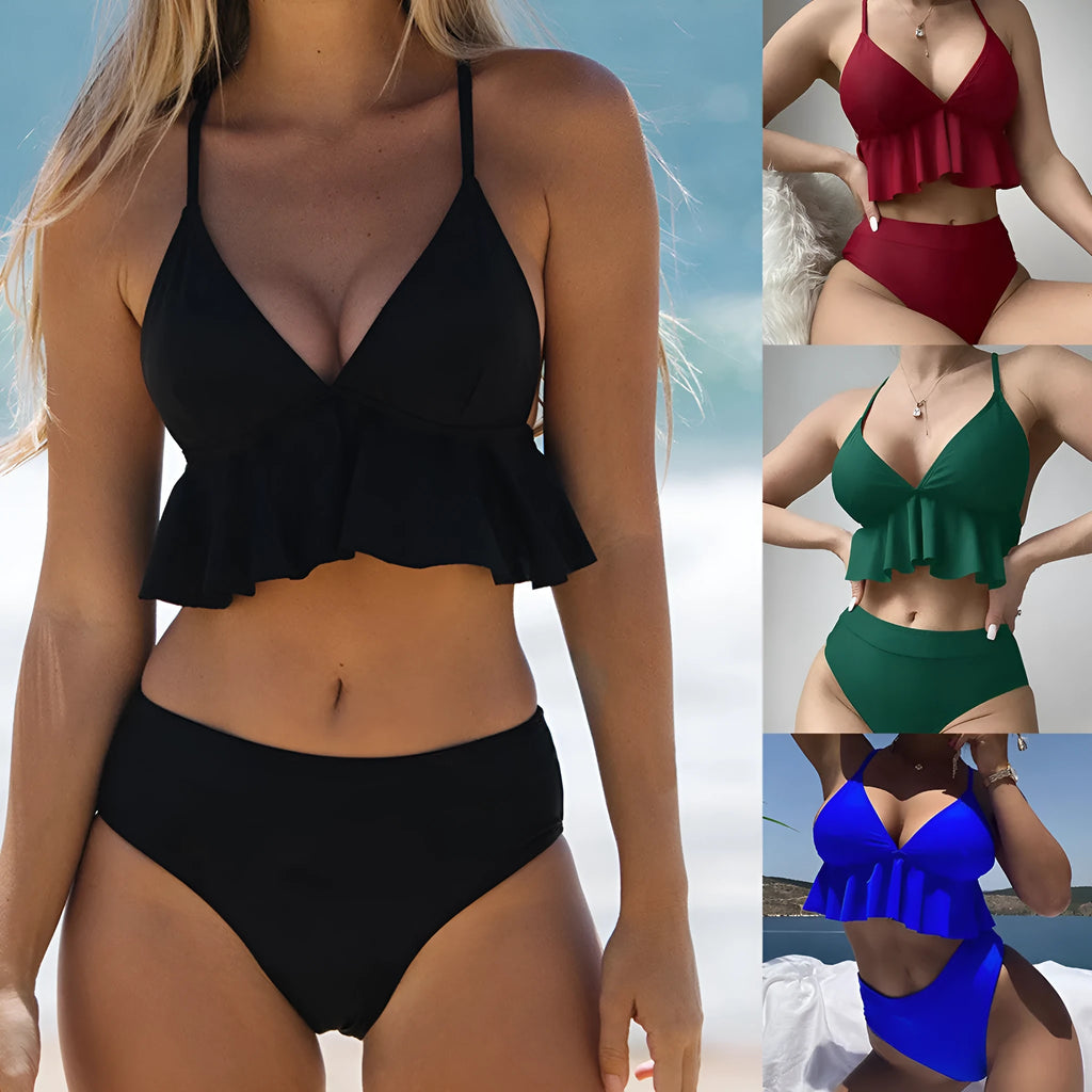 Women's solid colour split bikini swimsuit in black with polyester fabric and spandex lining