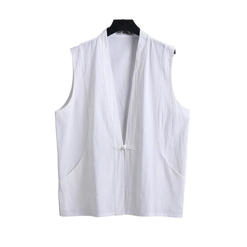 Men's summer thin linen sleeveless vest in loose fit, solid colour, flax lining, available in multiple sizes