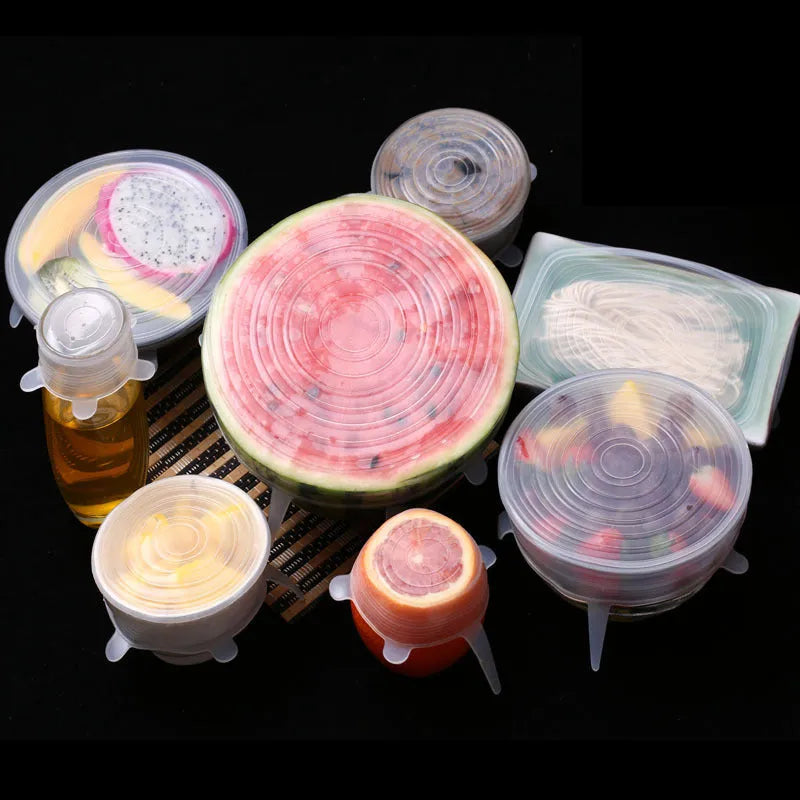 6 silicone food stretch lids in assorted sizes on a kitchen counter for fresh-keeping