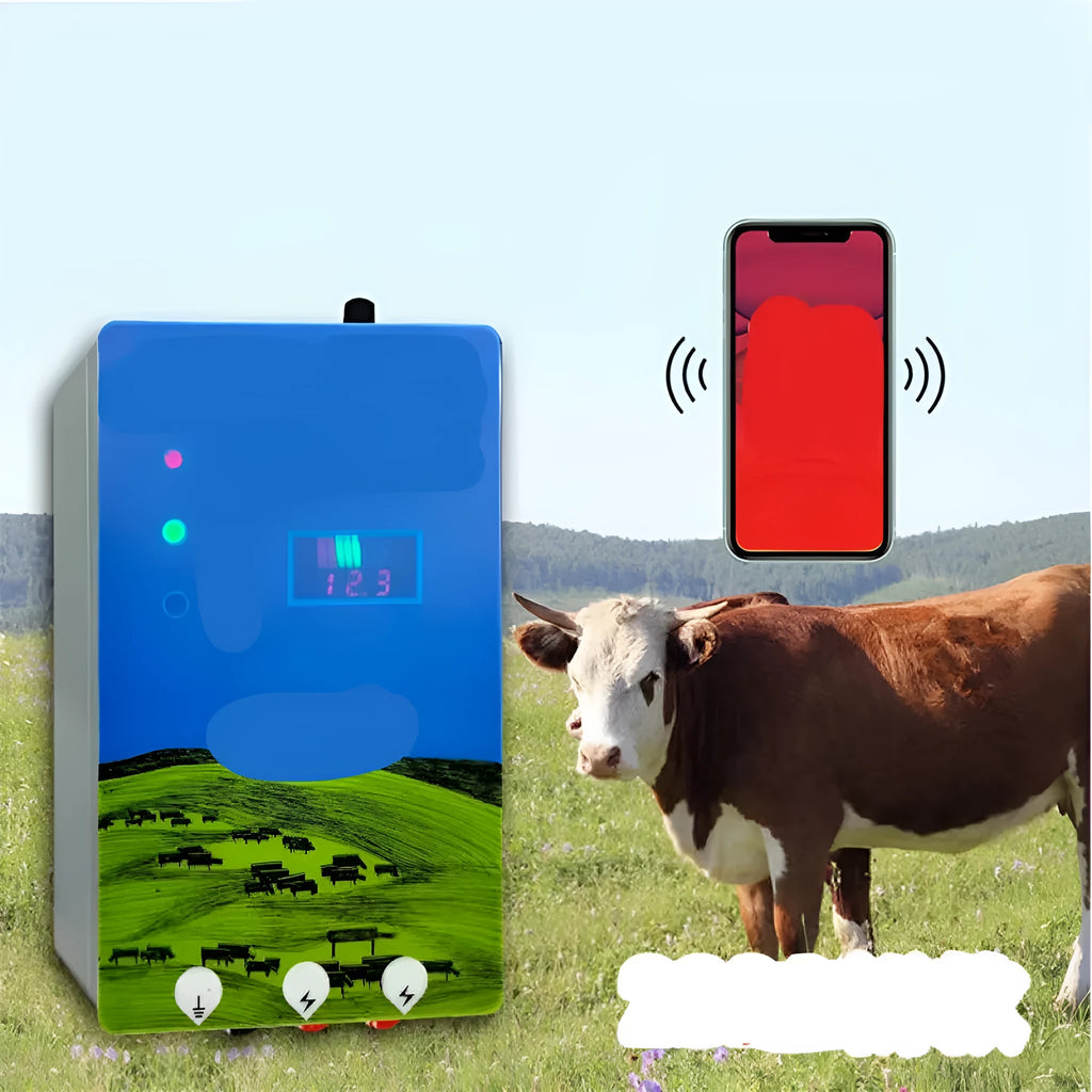 Pasture electronic host unit for high voltage pulse livestock fence system with charger and alarm components.