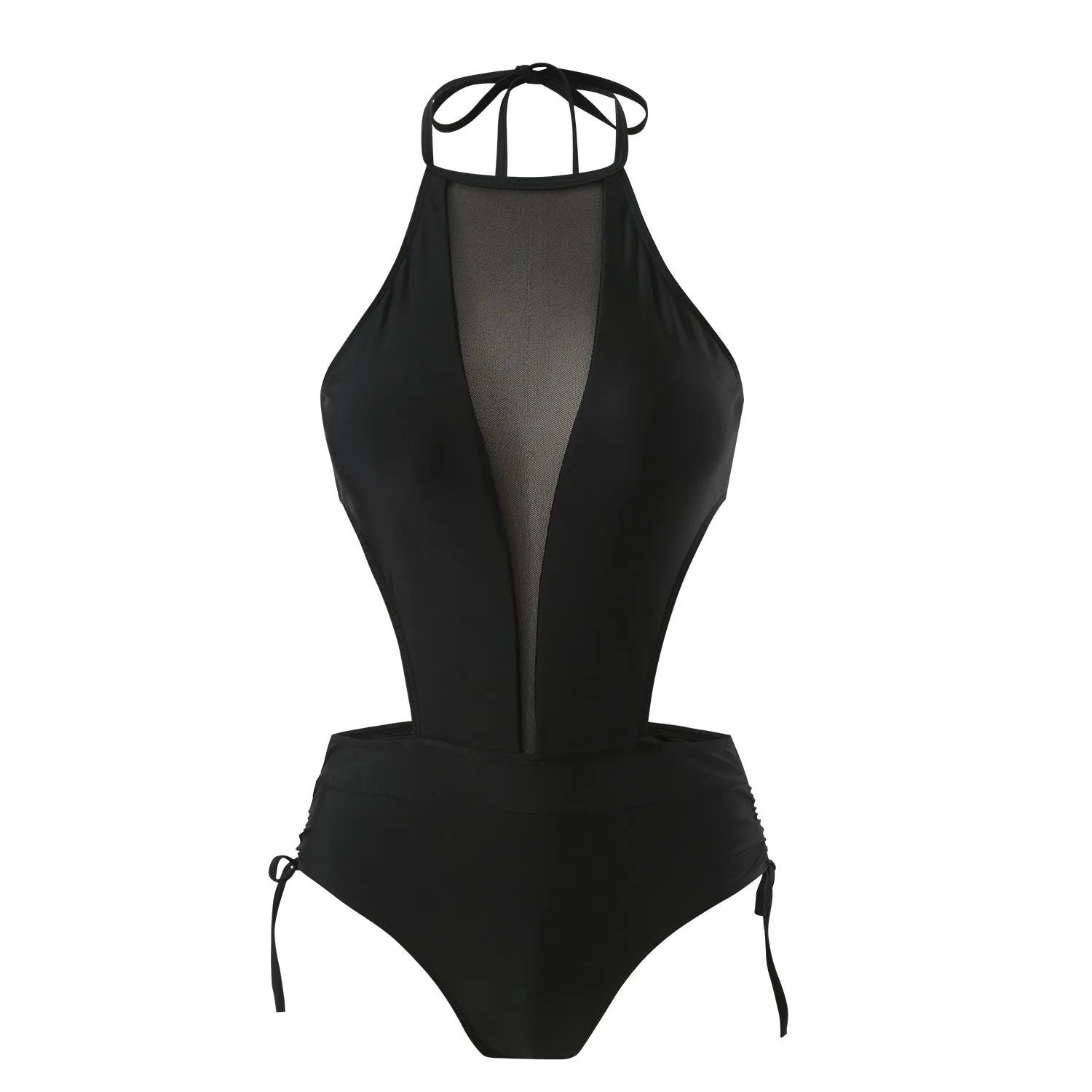 Women's black one-piece swimsuit with nude back hollow-out strap, polyester fabric, front view.