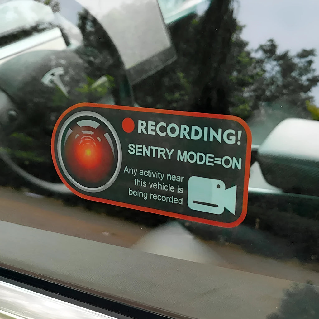 Pair of electrostatic PVC sentry mode warning stickers for Tesla, 11x5cm, English version