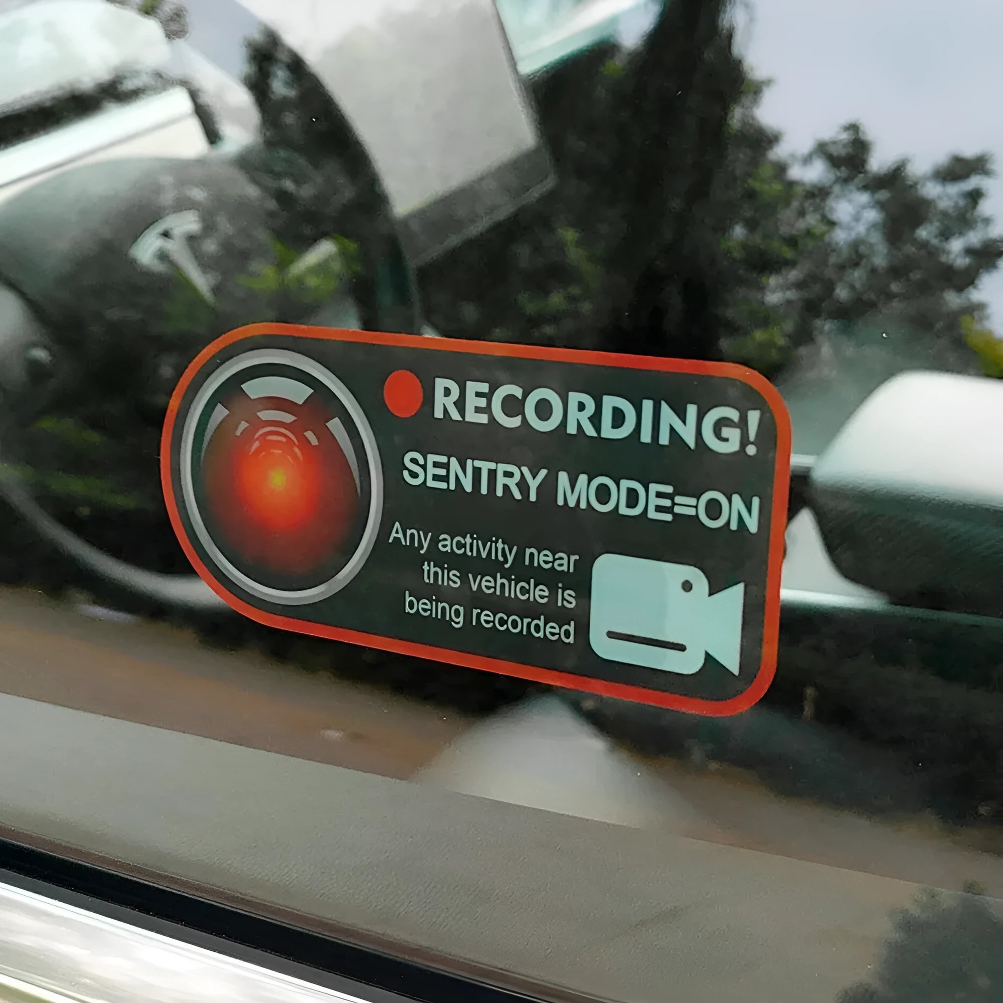 Pair of electrostatic PVC sentry mode warning stickers for Tesla, 11x5cm, English version