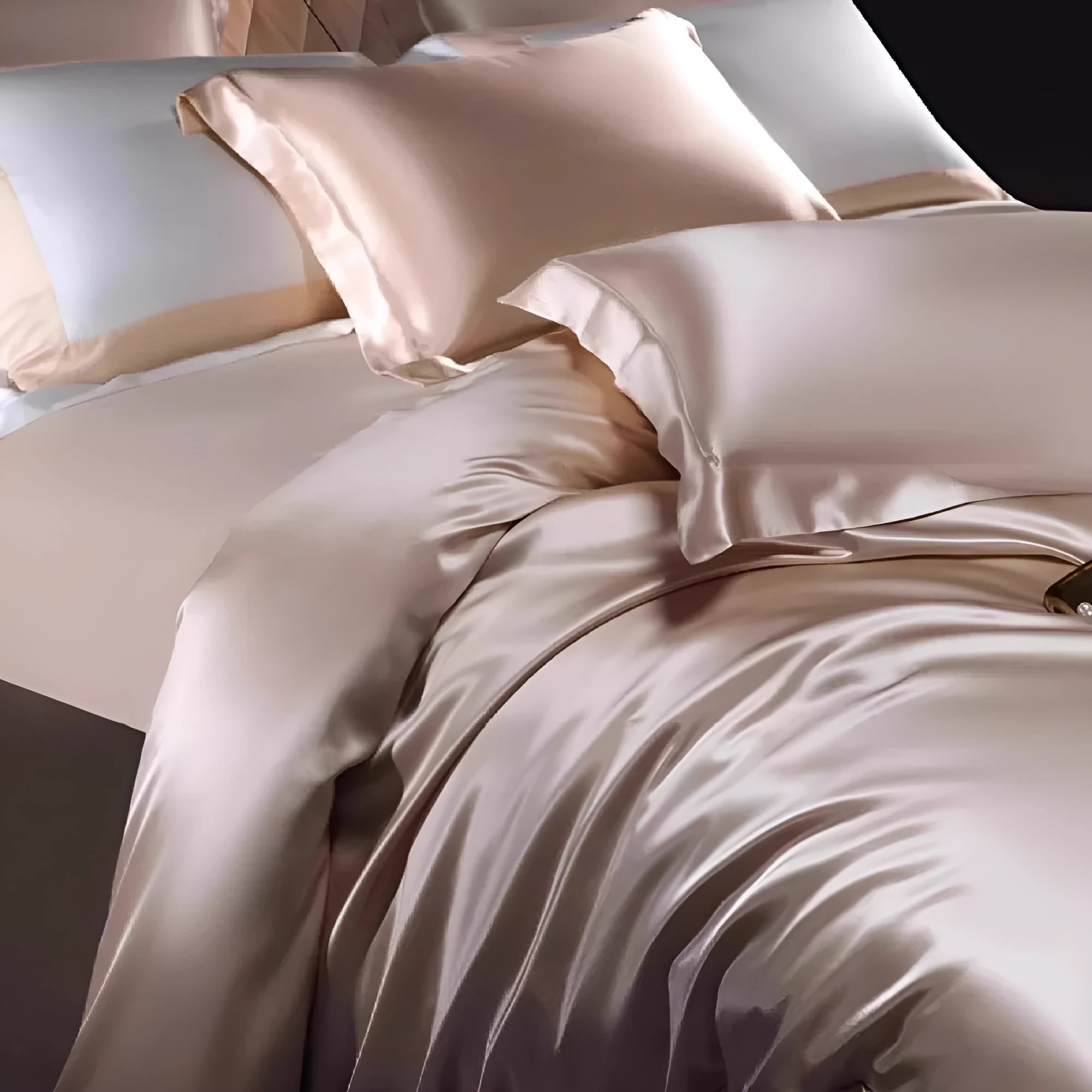 Solid colour silk four-piece bedding set in Champagne Gold on a bed, showing quilt cover and pillowcases.