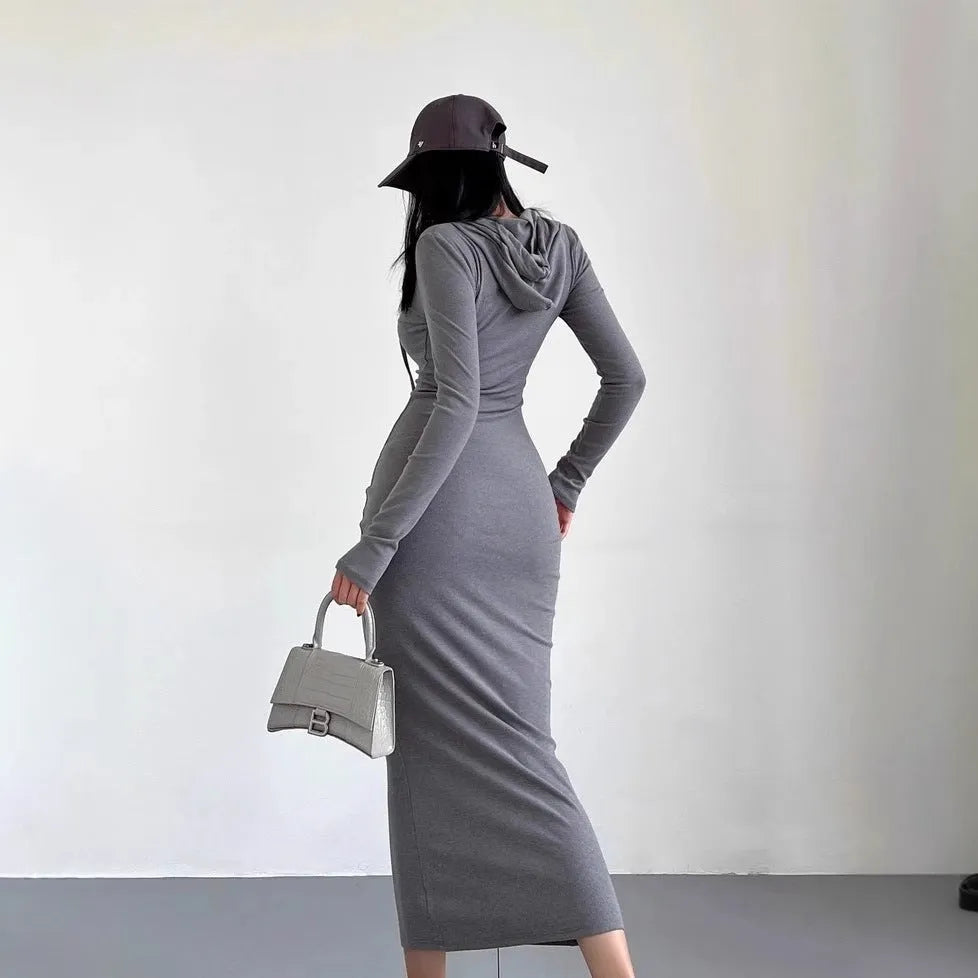 Women's grey hooded pullover dress with long sleeves and a high-waist sheath silhouette.
