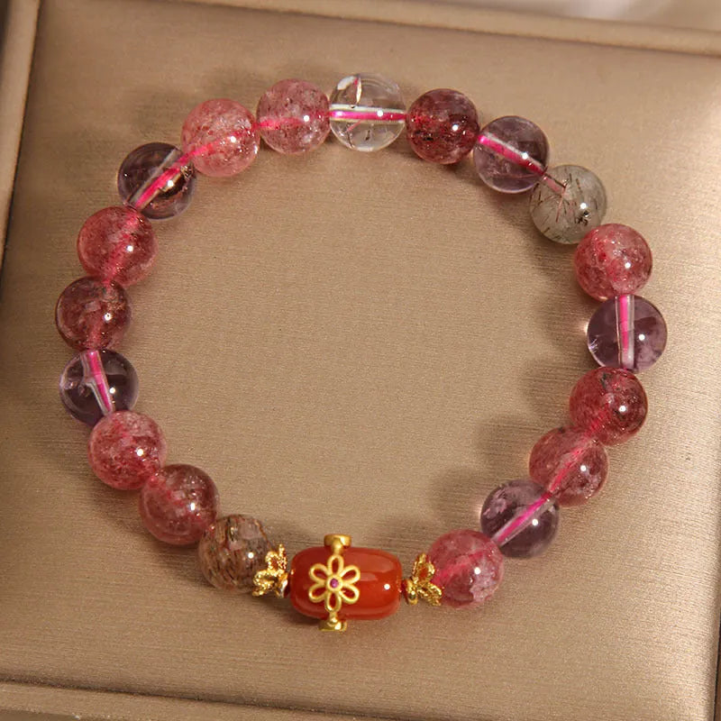 Natural Super Seven crystal bracelet for women, red agate colour, fresh sweet cartoon style