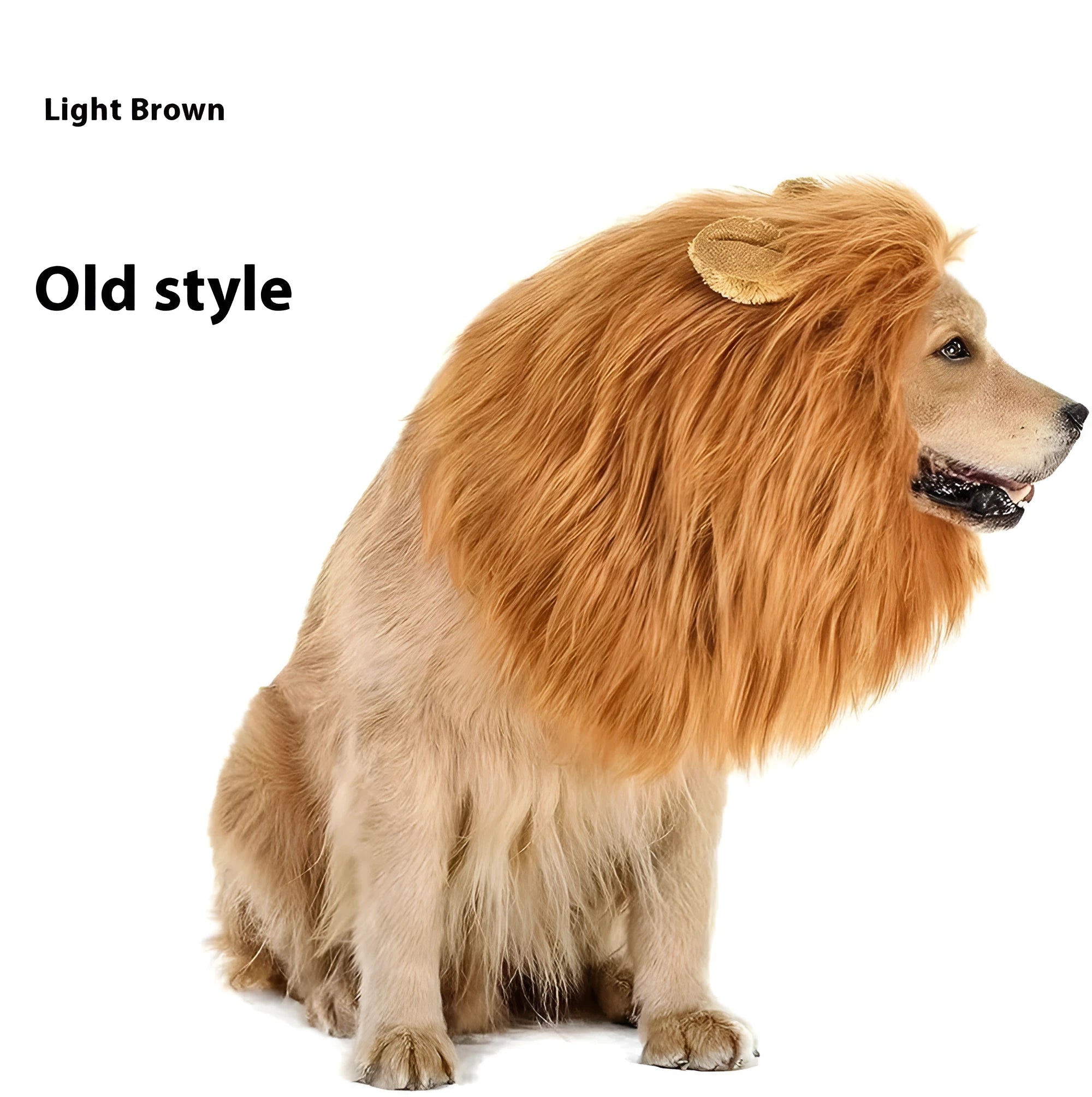 Dog wearing lion head cover in light brown with elastic band adjustment, three sizes S M L