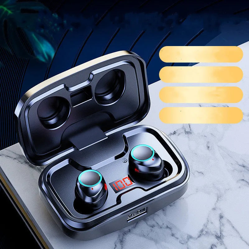 Black, blue, and red wireless in-ear Bluetooth headphones with private mould tips on a white background.