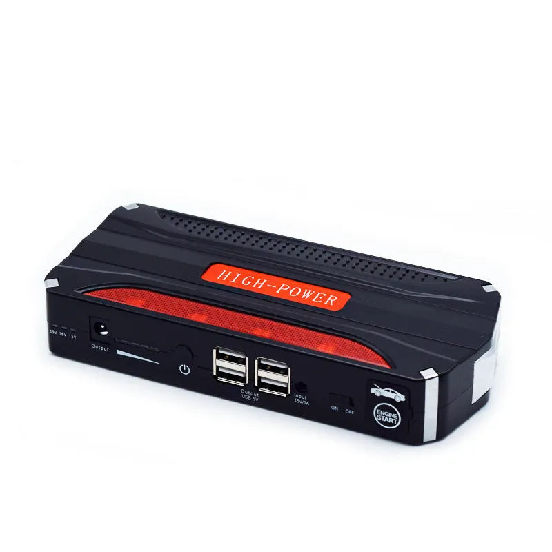 Black and red 12V vehicle emergency jump starter with 7800mAh battery capacity.