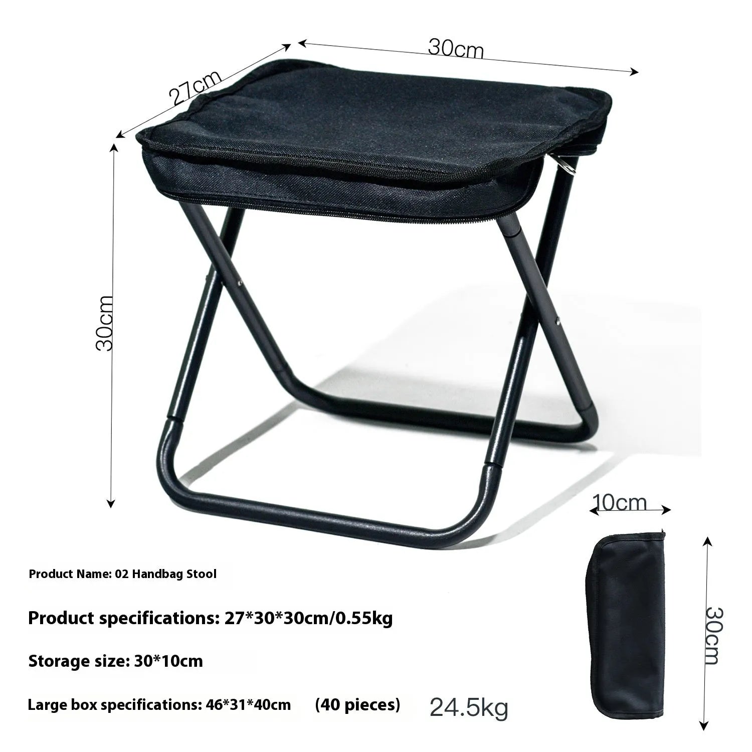 Oxford cloth foldable camp stool in pencil box design showing black colour option