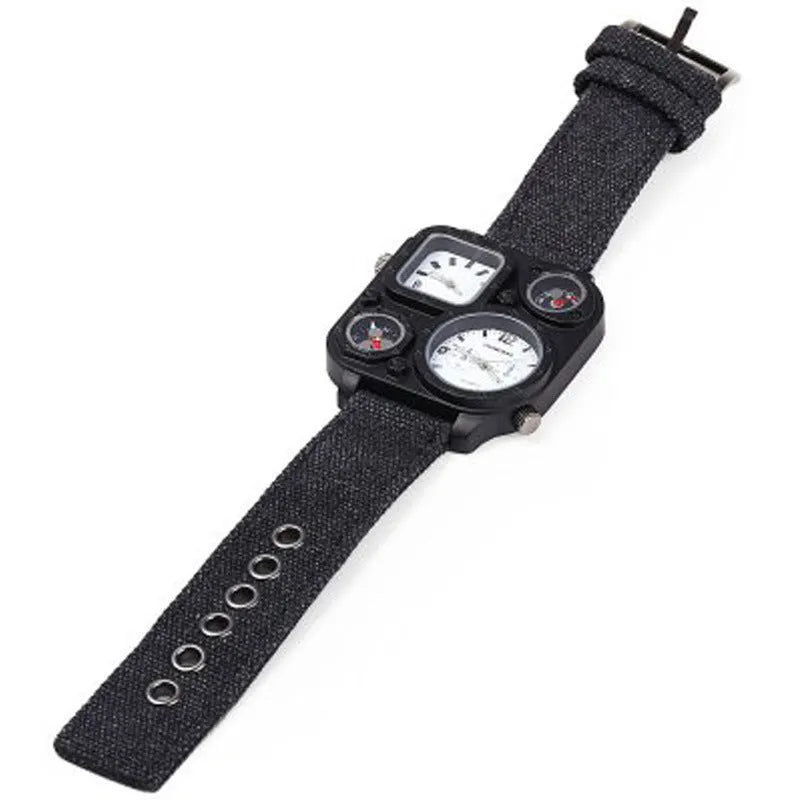 Men's military watch with multi-time zone dial, canvas strap, green colour variant, 5cm dial