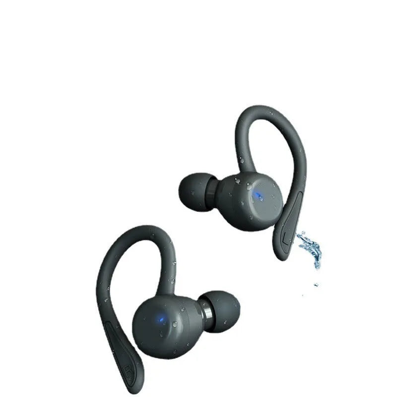 Black wireless sports earphones with removable ear hooks showing charging case and multiple earbud sizes