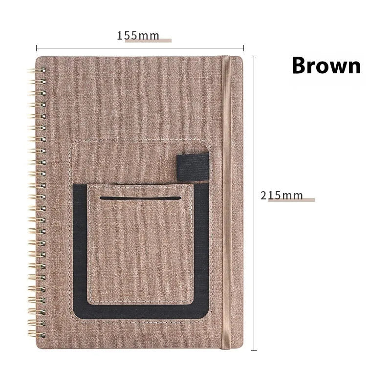 A5 coil-bound erasable notebook with waterproof stone paper in a customisable cover, shown with a pen.