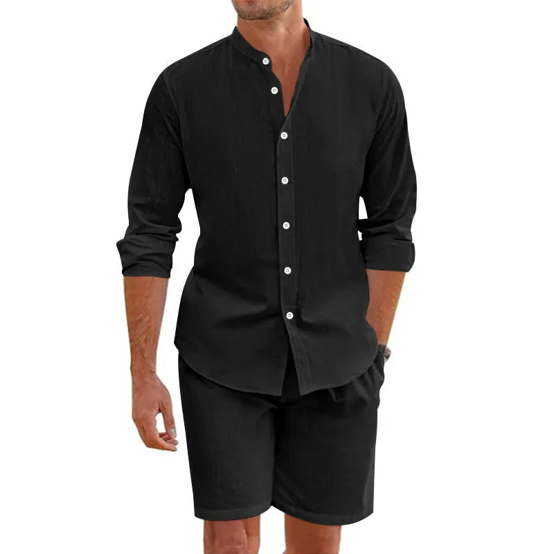 Men's linen-blend summer shirt and shorts set in dark grey with button-down top and drawstring waist shorts