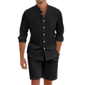 Men's linen-blend summer shirt and shorts set in dark grey with button-down top and drawstring waist shorts