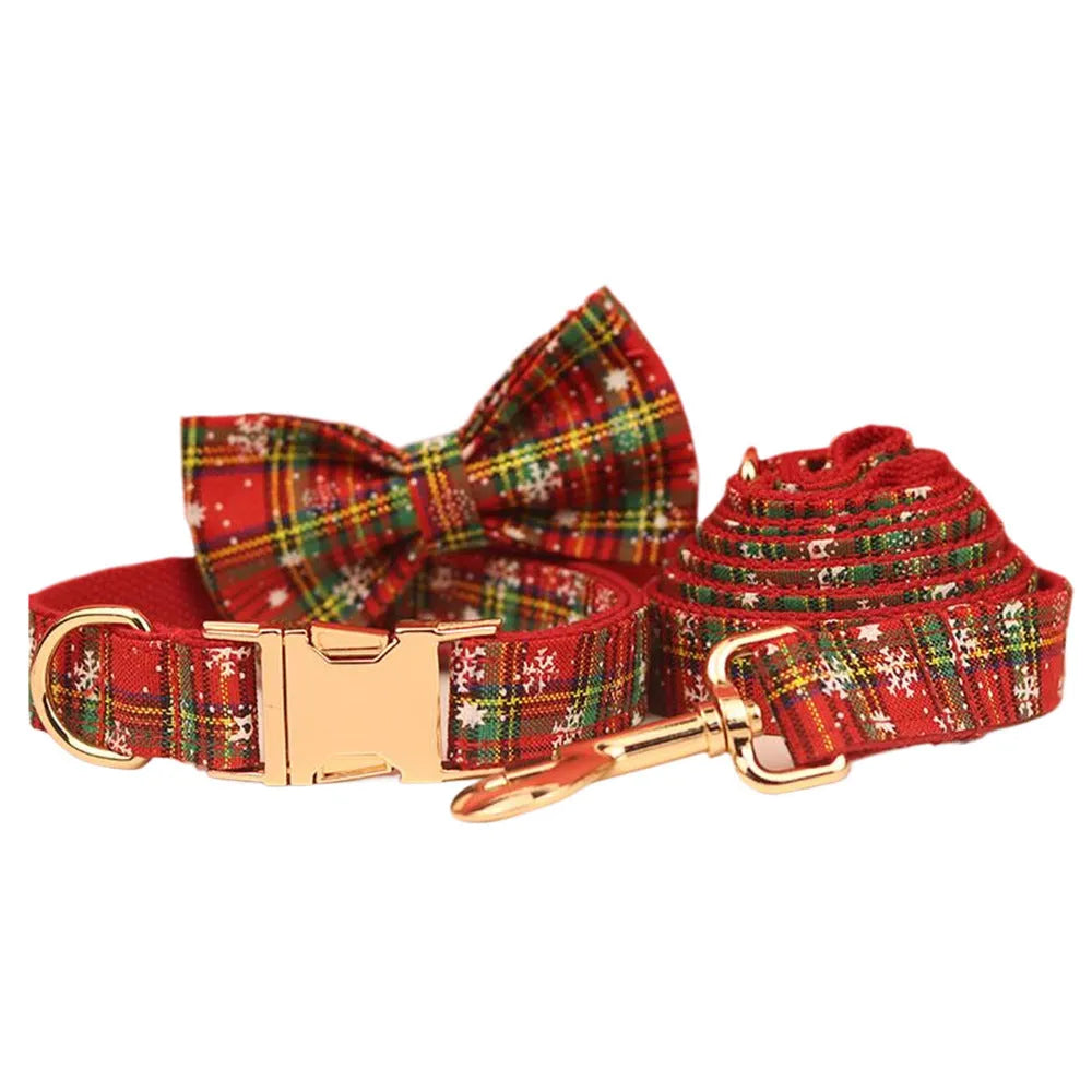 Red snowflake Christmas pet collar set with plaid rope leash and bowknot flowers on cloth vest for small dogs