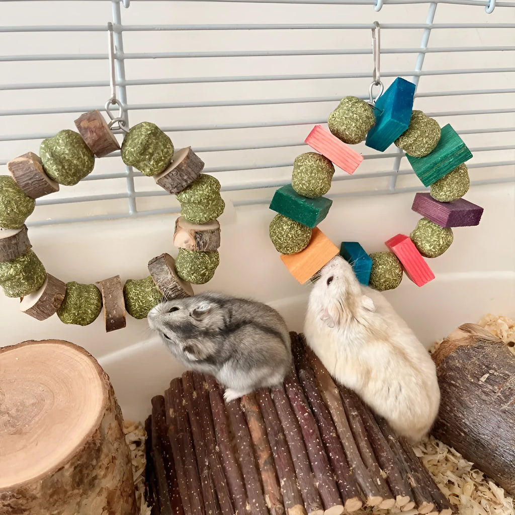 Natural applewood straw ball hamster chew toy with colourful sequin rings for guinea pigs and rabbits.