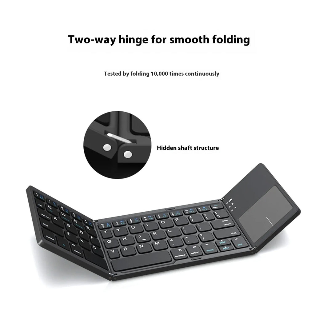 Mini tri-fold aluminium Bluetooth keyboard shown folded to 30.2cm length beside smartphone