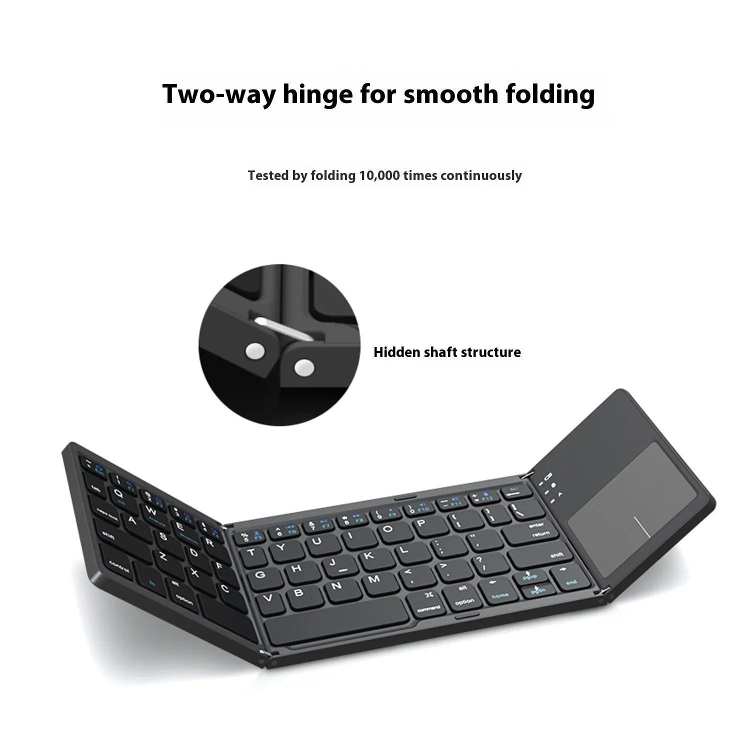 Mini tri-fold aluminium Bluetooth keyboard shown folded to 30.2cm length beside smartphone