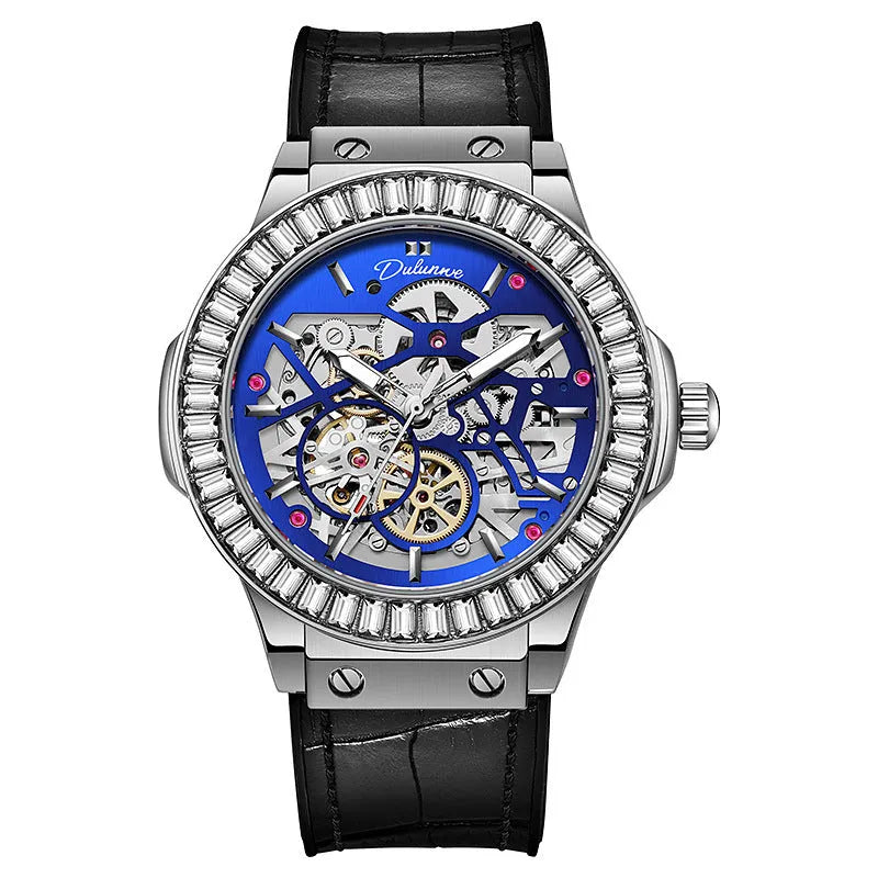 Men's automatic mechanical watch with diamond-studded hollow movement and white case