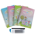 Reusable magic stylus copybook set with groove tracking, four A5 cardboard books, one pen, and four refills