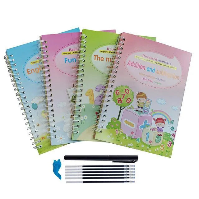 Reusable magic stylus copybook set with groove tracking, four A5 cardboard books, one pen, and four refills