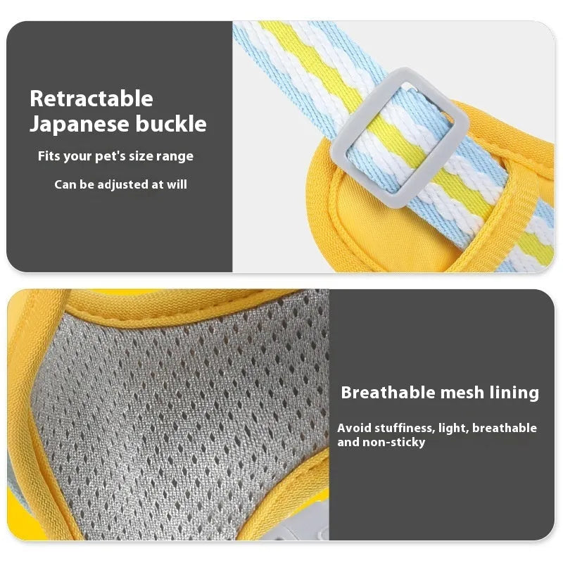 Explosion-proof anti-strangulation pet harness in Oxford cloth with attached holding rope.
