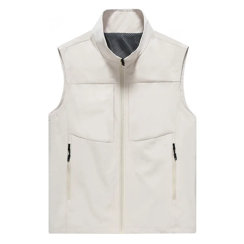 Men's solid colour stand collar polyester vest with zipper pockets in army green on a model