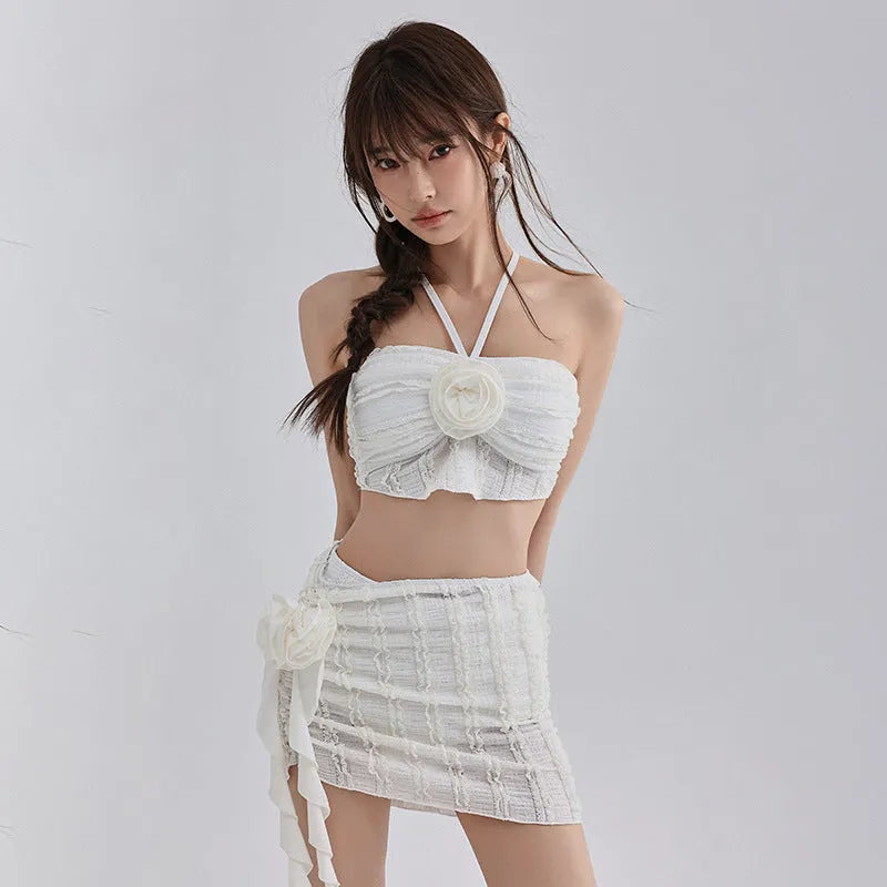 Women's nylon split three-piece swimsuit set in blue, belly coverage design