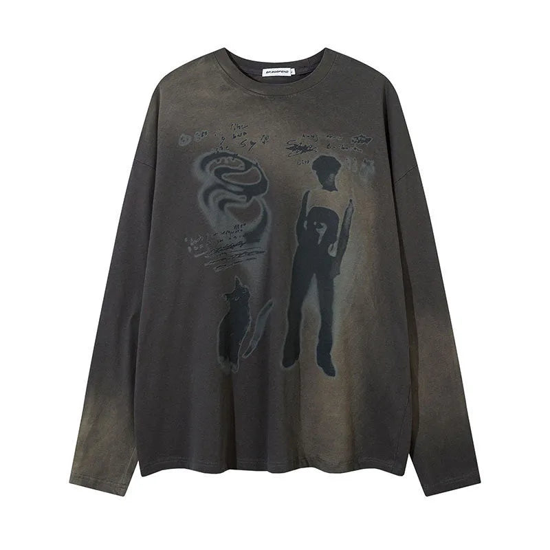 Women's loose grey pullover top with drop shoulders and letter pattern, long sleeves
