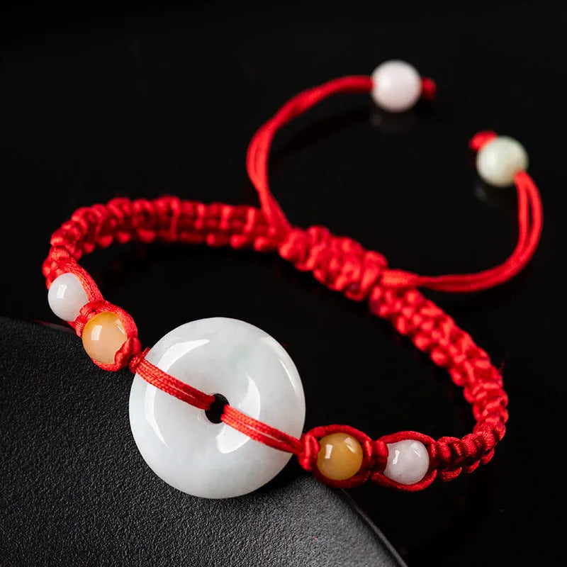 Emerald round Burma jade pendant on adjustable red rope bracelet with certificate