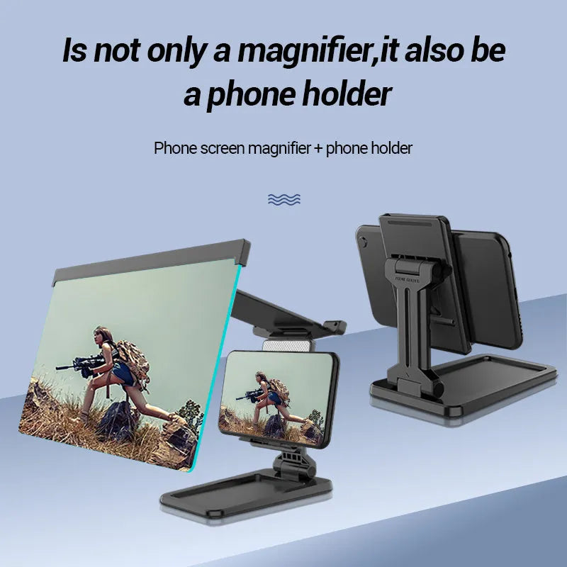 Black folding mobile phone screen amplifier with detachable phone holder magnifying smartphone display